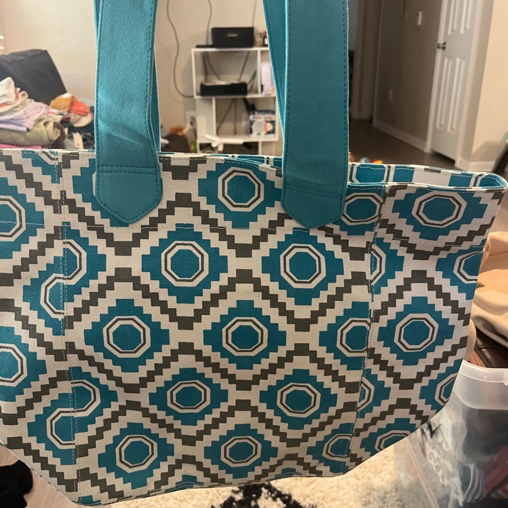 Geometric Patterned Tote Bag - Teal and Gray